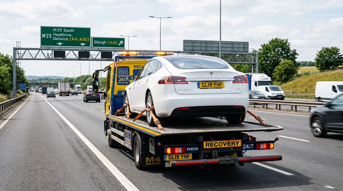 Rear view of a white Tesla on a flatbed recovery truck on a motorway showing MW Recovery electric vehicle recovery service