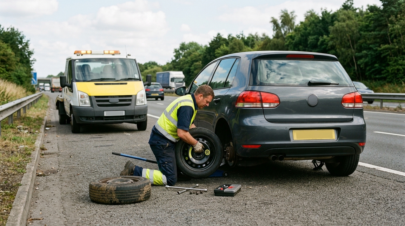 Recovery operator fitting a spare tyre at a roadside location in Greater Manchester
