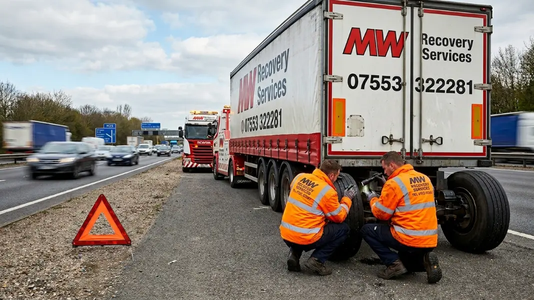 Recovery operator inspecting the rear axle of a broken-down curtainsider trailer on a motorway hard shoulder
