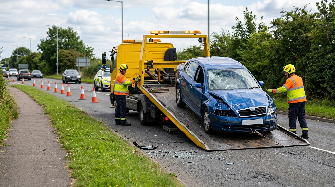 Recovery truck loading a damaged car at a road accident scene in Greater Manchester