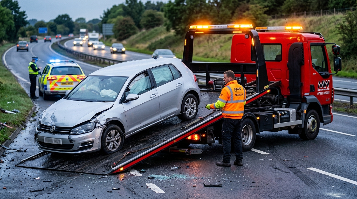 Recovery truck loading damaged car at accident scene