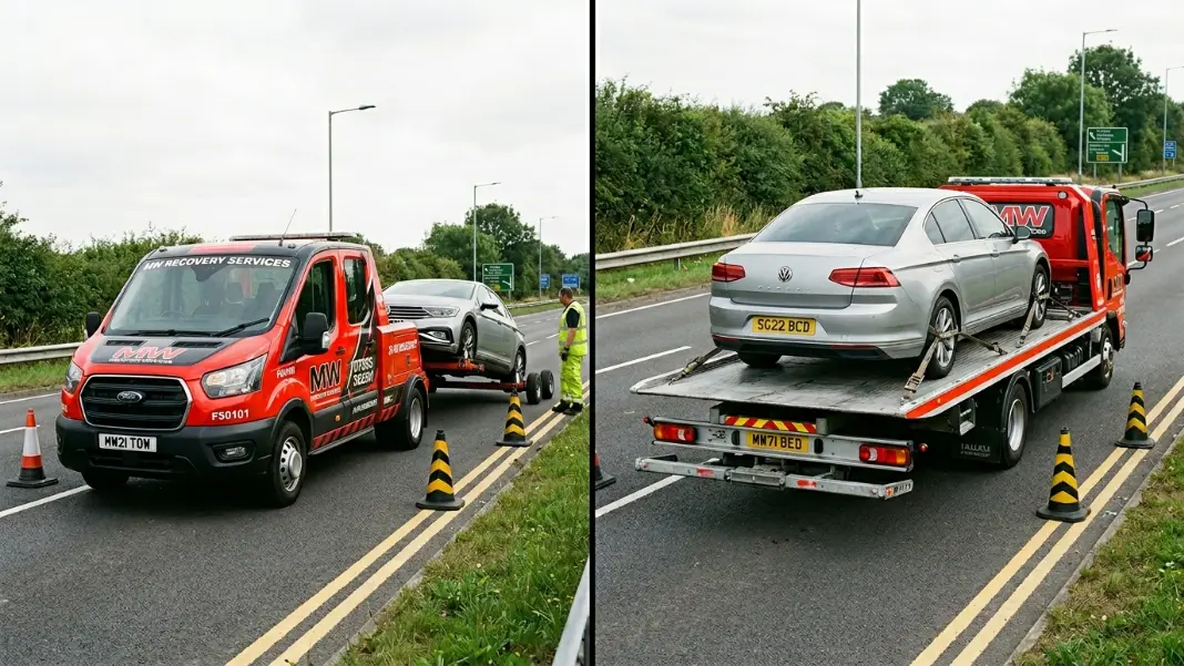 Side-by-side comparison of wheel-lift and flatbed recovery methods