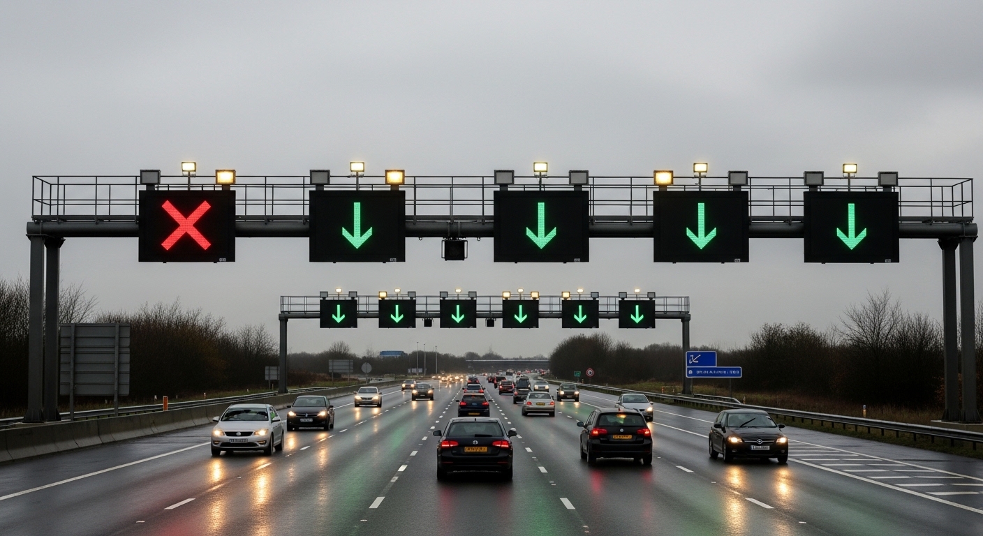 Smart motorway overhead gantry signs displaying red X lane closure
