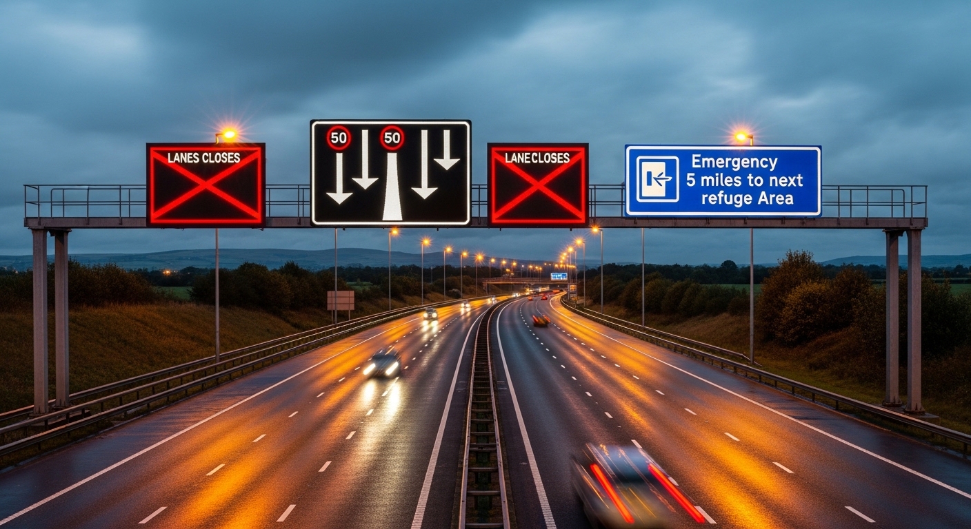 Smart motorway overhead gantry with emergency refuge area sign