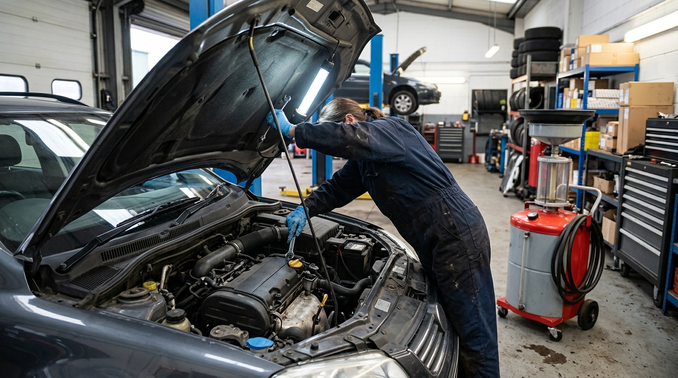 Technician working under a car bonnet carrying out a fuel drain