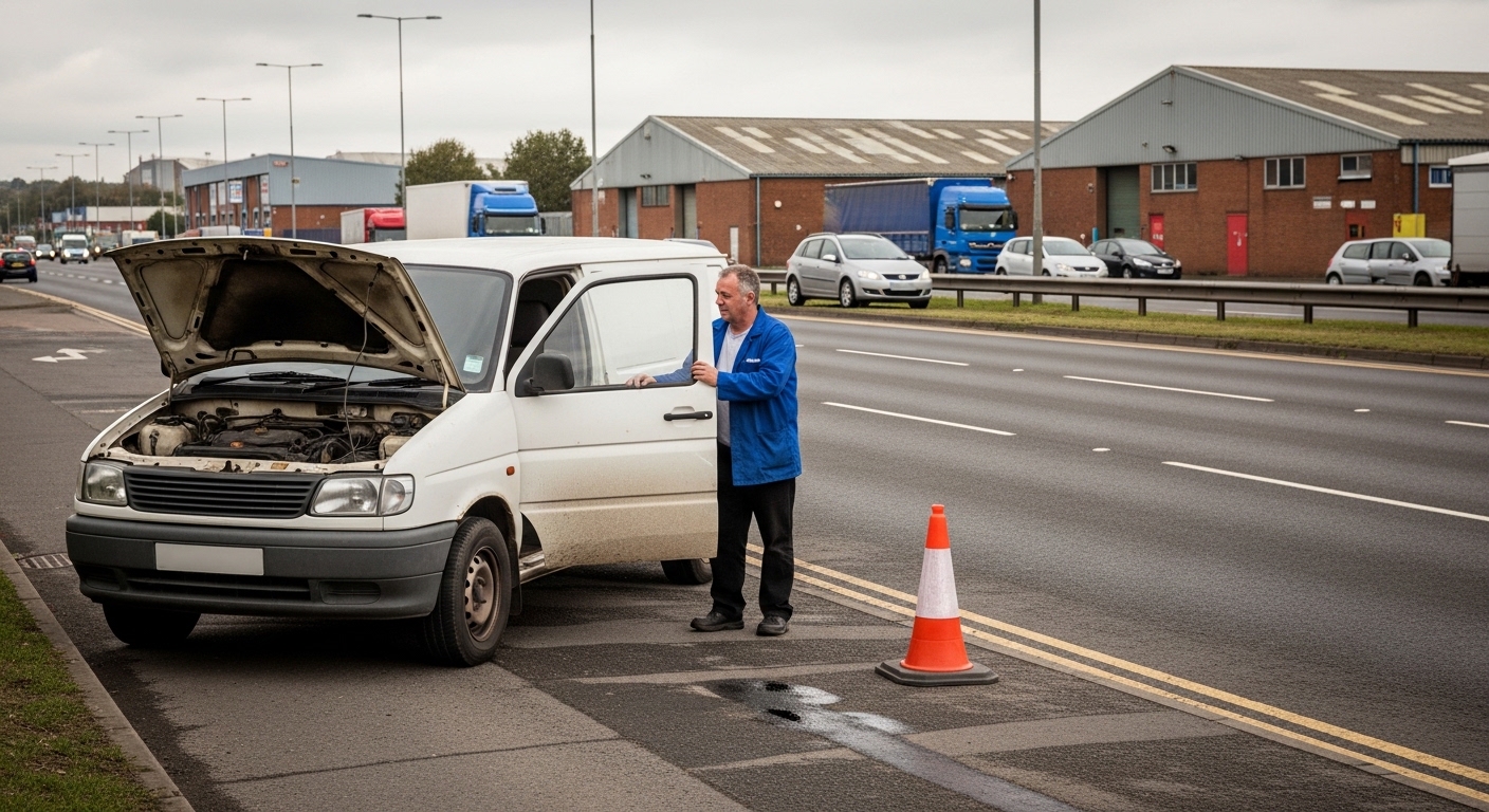 Commercial van broken down at the roadside awaiting recovery in Greater Manchester