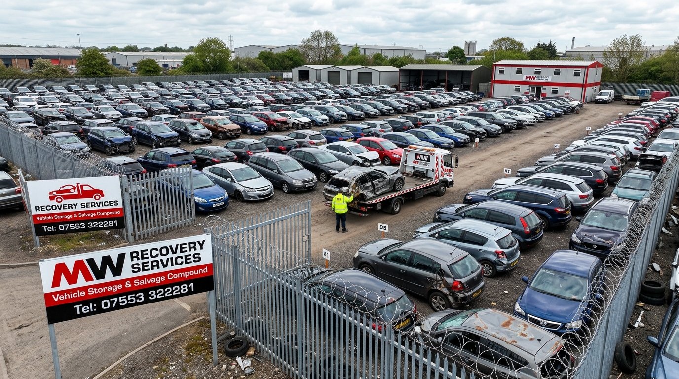 Vehicle storage compound with damaged cars parked in rows
